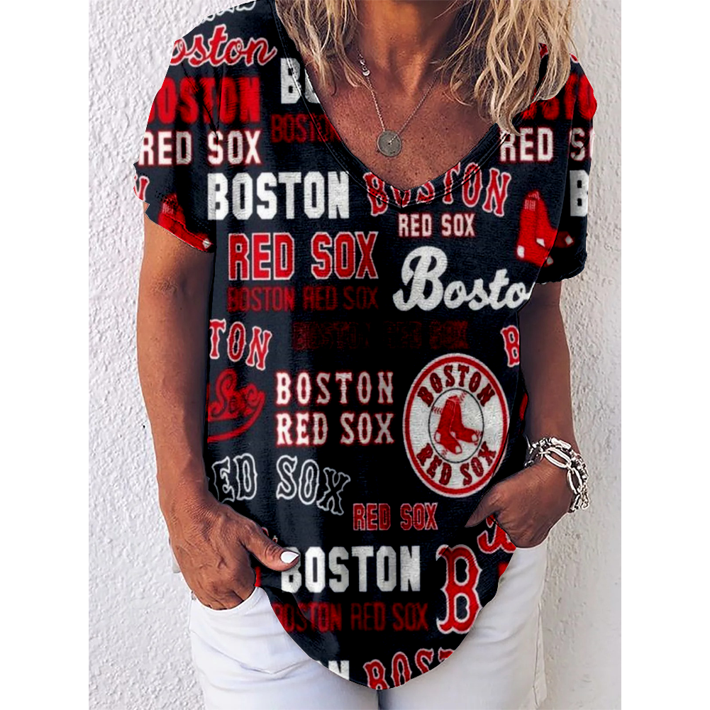 Boston Red Sox V-Neck Short-Sleeved Loose T-Shirt