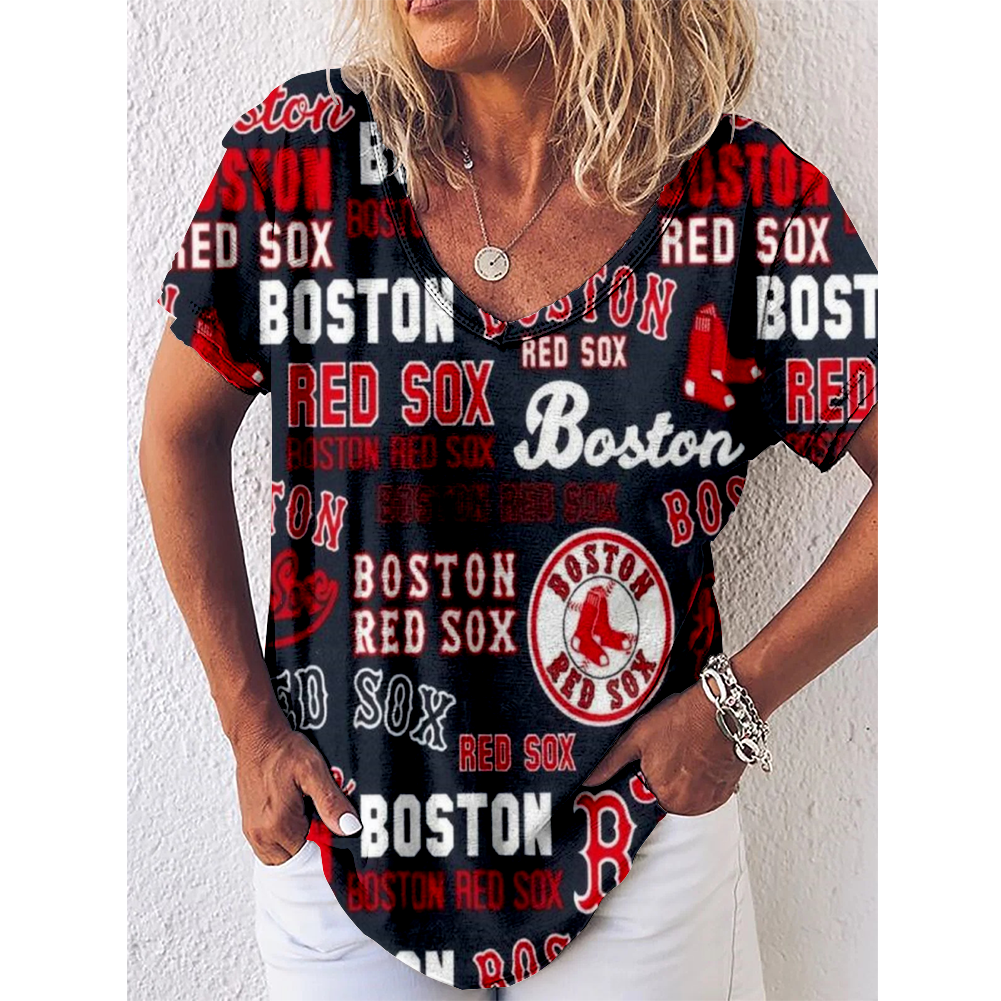 Boston Red Sox V-Neck Short-Sleeved Loose T-Shirt