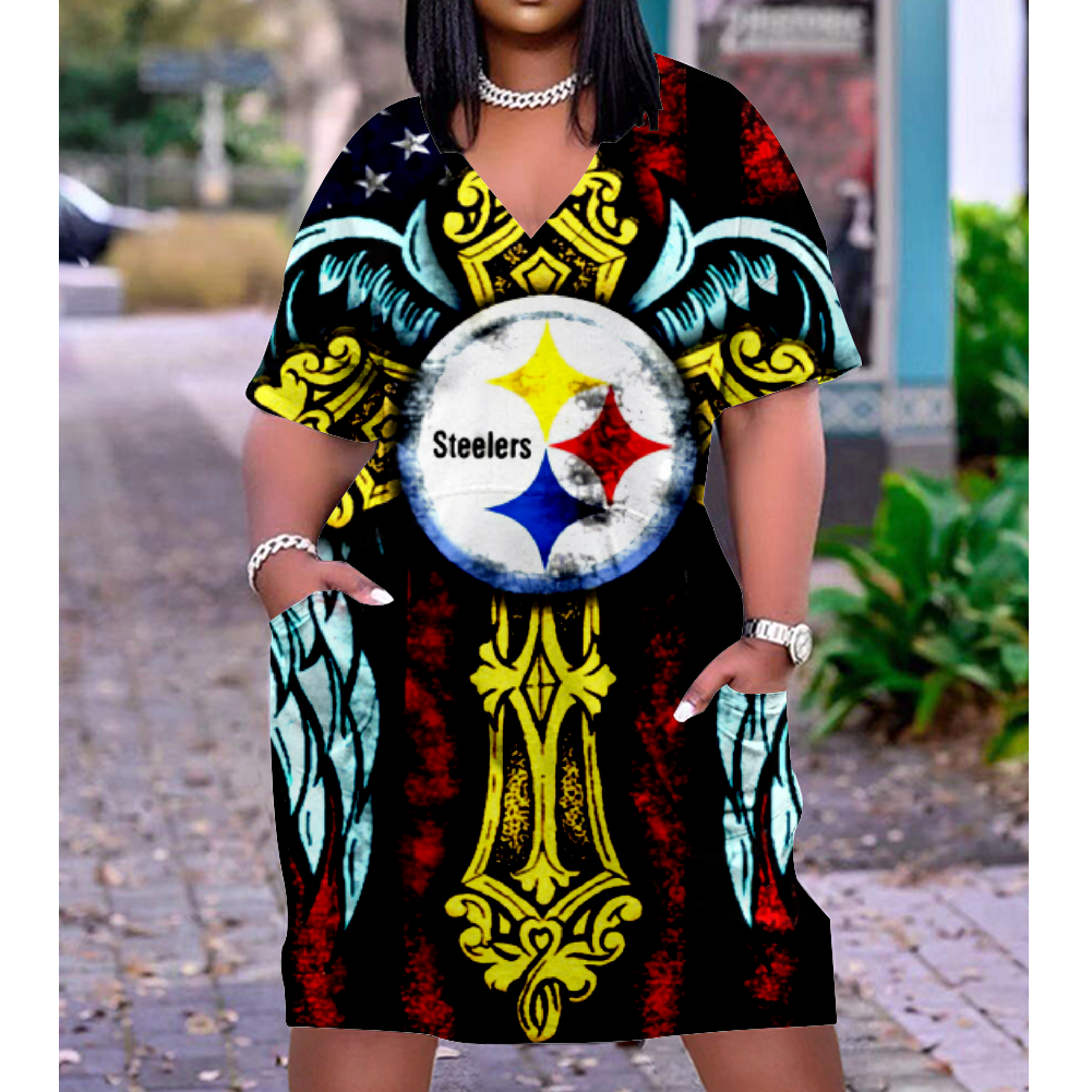 Pittsburgh Steelers V-Neck Jacket Short-Sleeved Bat-Sleeved Dress