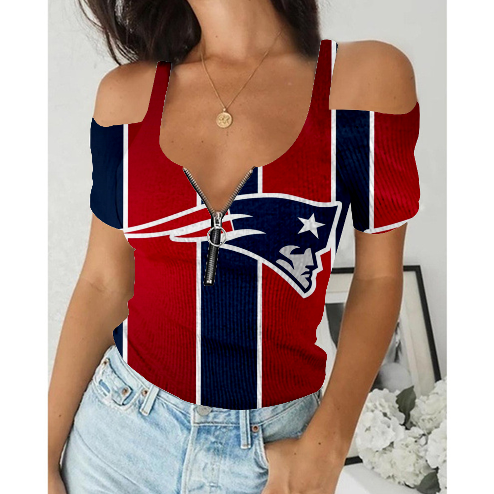 Women's Summer New England Patriots Team Print Off-Shoulder V-Neck Zipper Slim T-Shirt