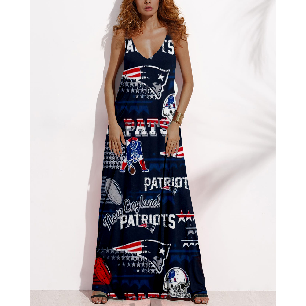 Women's Summer NEW ENGLAND PATRIOTS Fan Print V-neck Sleeveless Loose Long A-line Dress