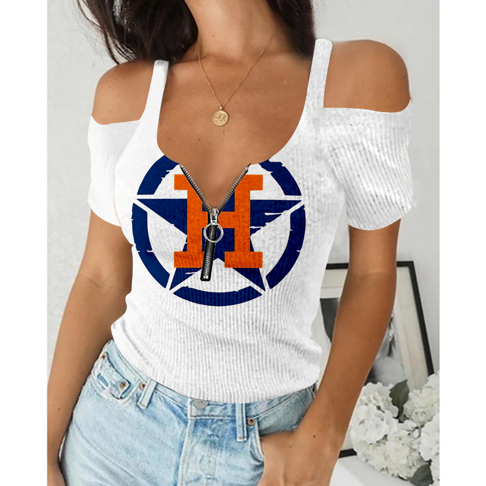 Women's Summer Houston Astros Team Print Off-Shoulder V-Neck Zipper Slim T-Shirt