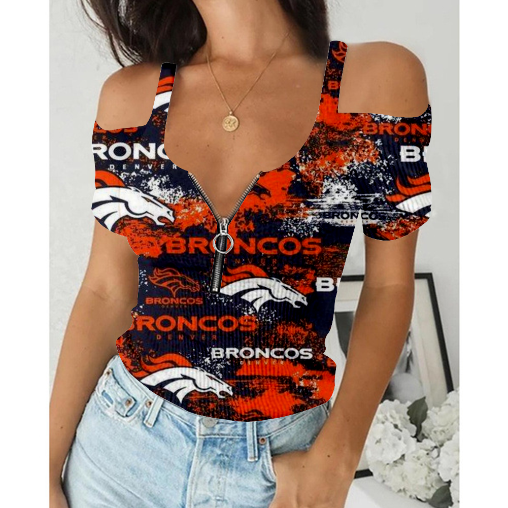 Women's Summer Denver Broncos Team Print Off-Shoulder V-Neck Zipper Slim T-Shirt