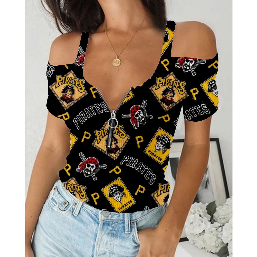 Women's Summer Pittsburgh Pirates Team Print Off-Shoulder V-Neck Zipper Slim T-Shirt