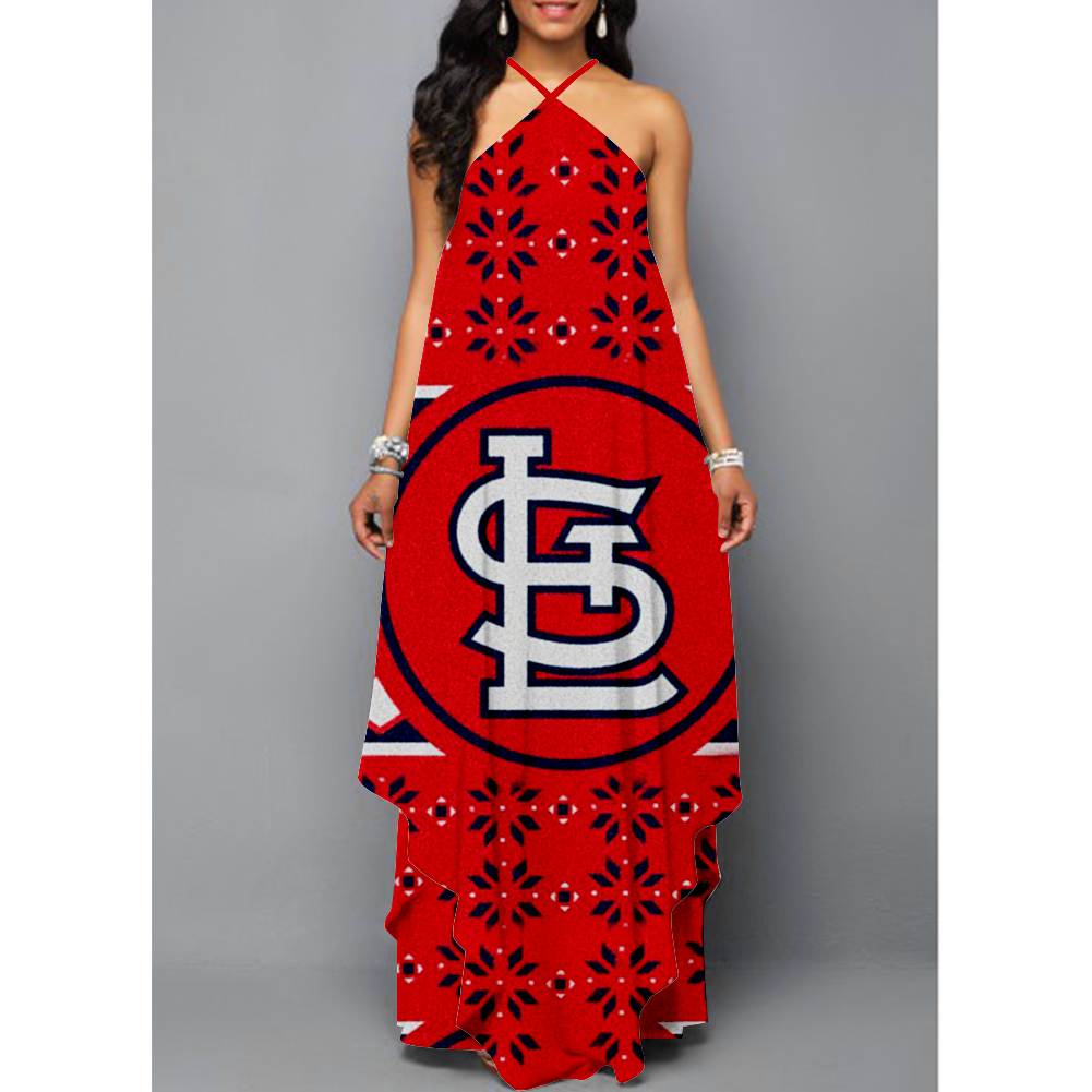 Women's Summer St. Louis Cardinals Fans Printed Sleeveless Sling Irregular Hem Loose Long A-line Dress