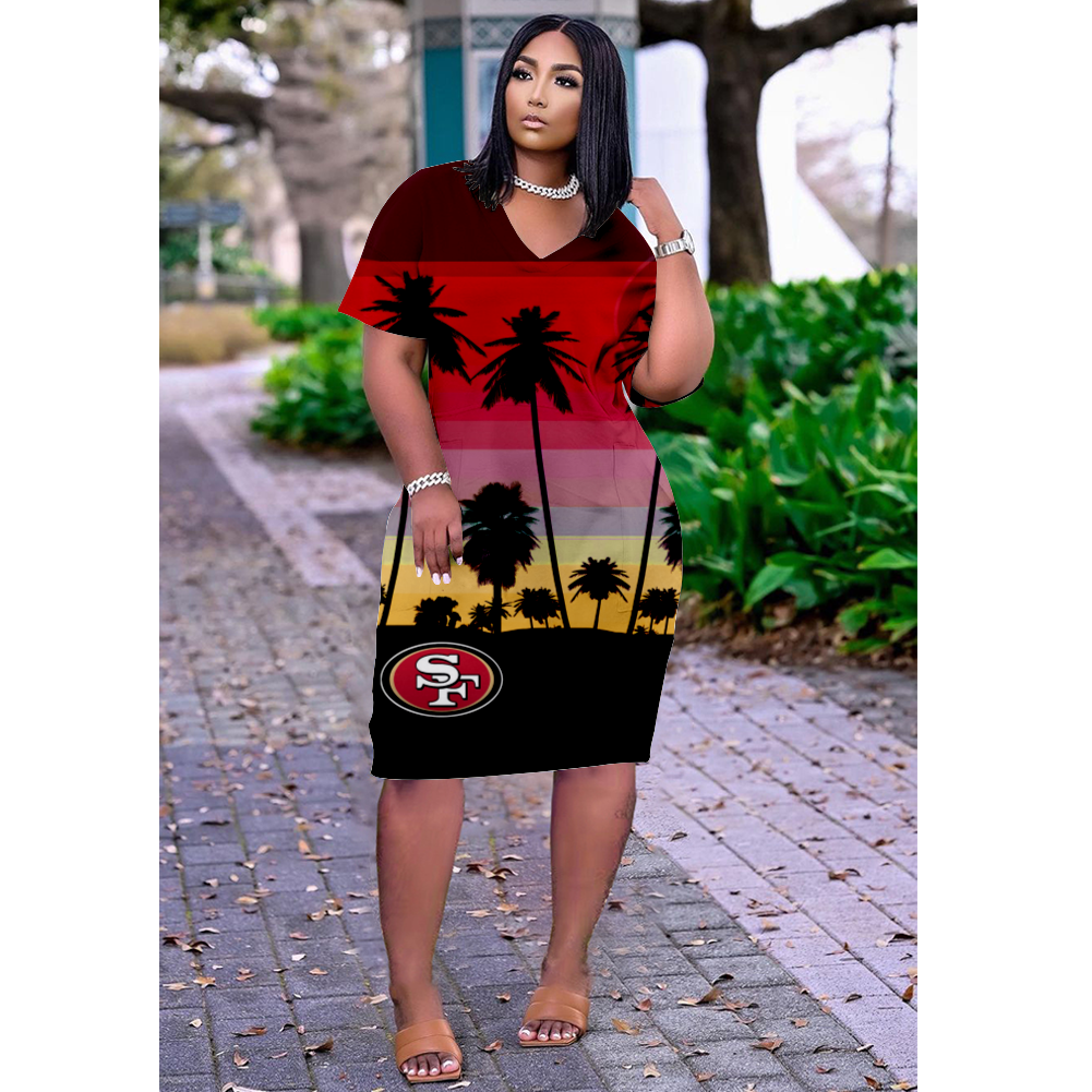 San Francisco 49ers Print V-Neck Dress Short Sleeve