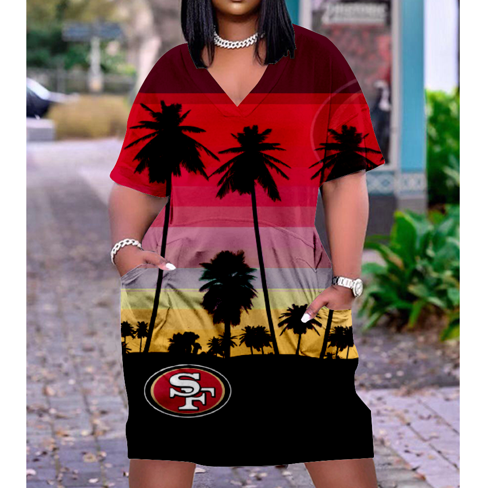 San Francisco 49ers Print V-Neck Dress Short Sleeve