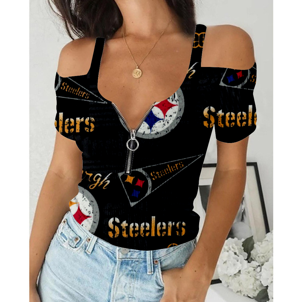 Women's Summer Pittsburgh Steelers Team Print Off-Shoulder V-Neck Zipper Slim T-Shirt