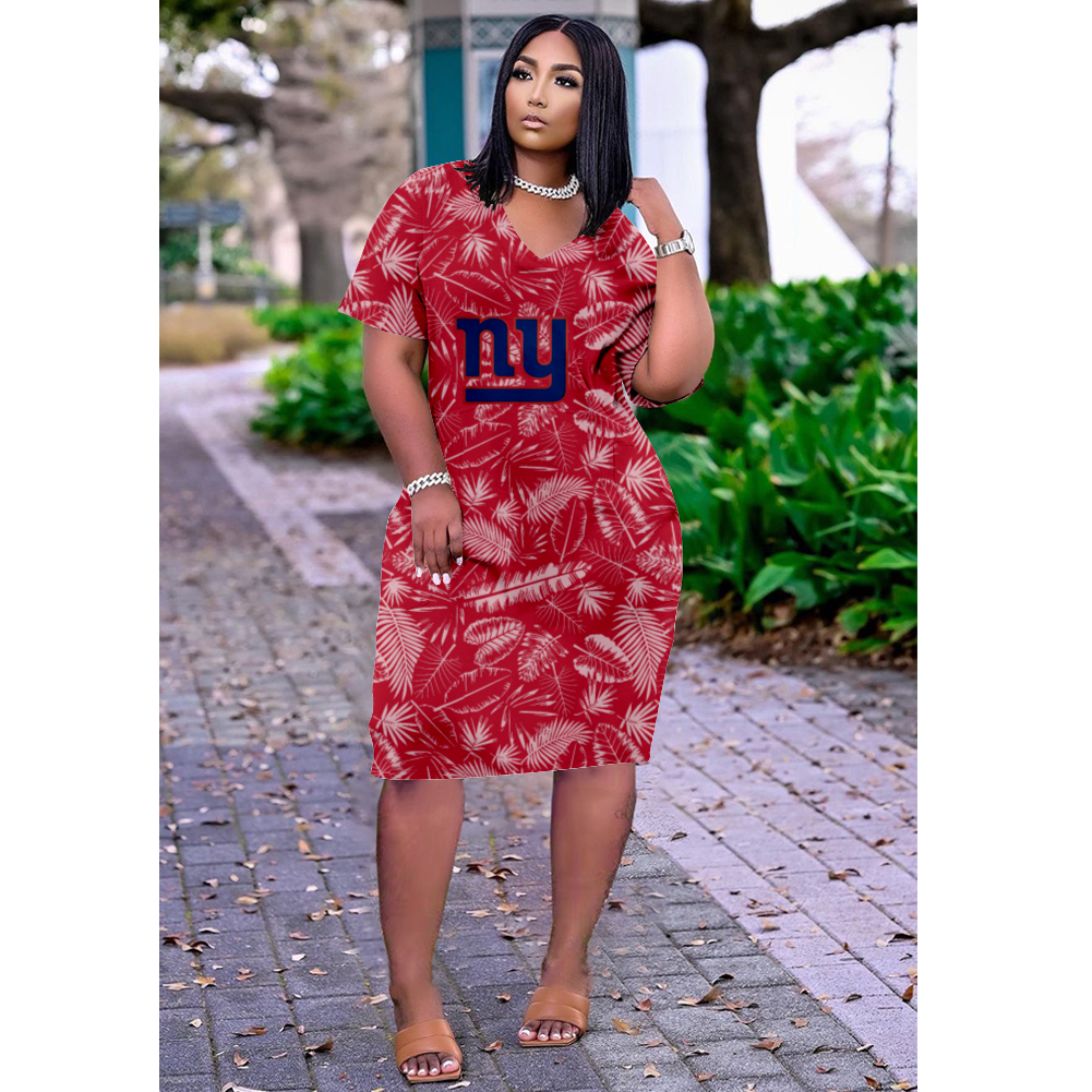 New York Giants Print V-Neck Dress Short Sleeve