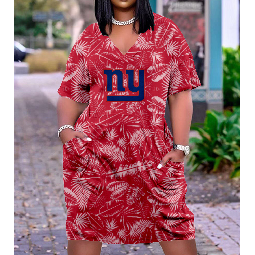 New York Giants Print V-Neck Dress Short Sleeve