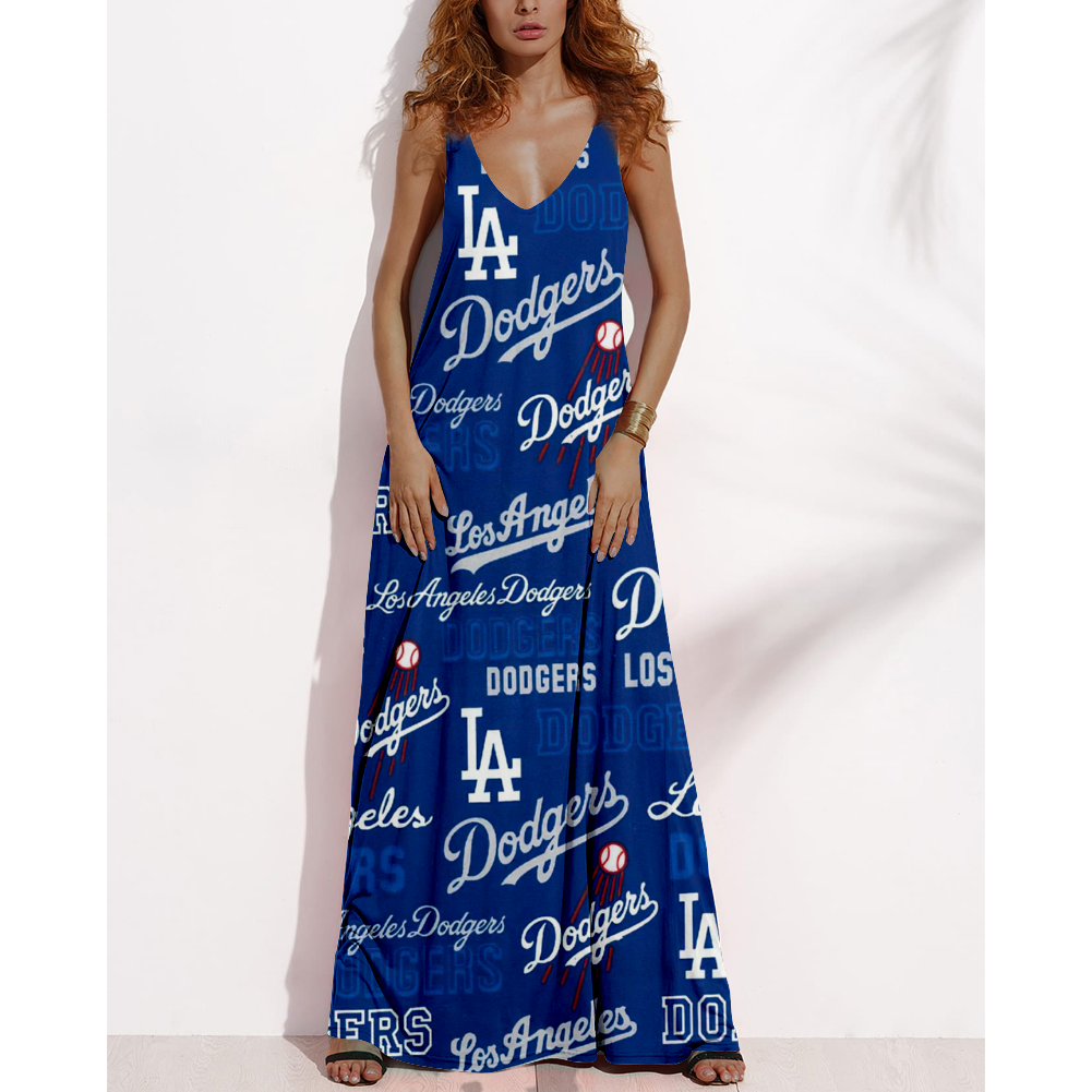 Women's Summer LOS ANGELES DODGERS Fan Print V-Neck Sleeveless Loose Long A-line Dress