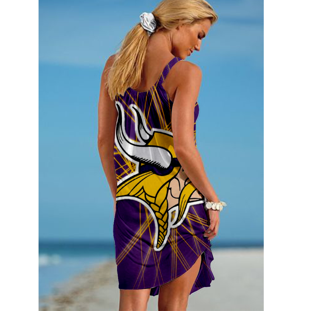 NCAAF Women's Minnesota Vikings Team Fan Print Beach Vacation Style Camisole Mini Camisole Casual Dress