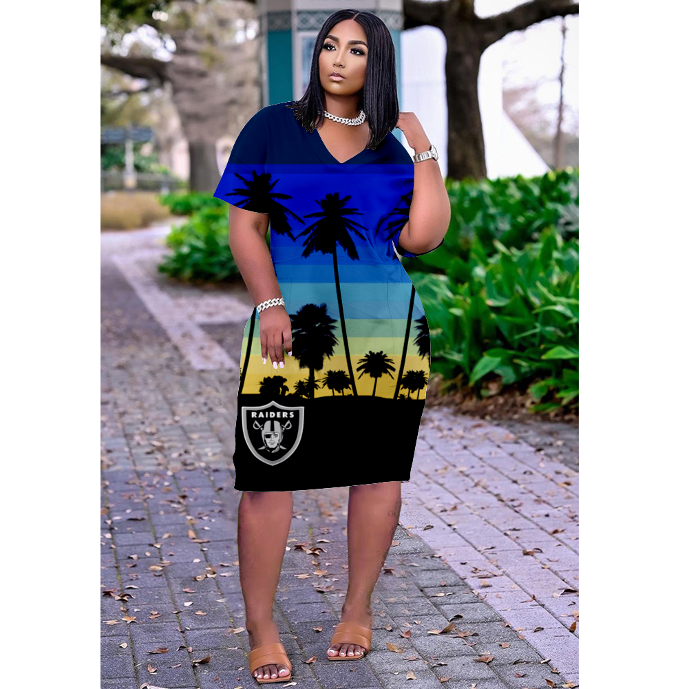 Las Vegas Raiders Print V-Neck Dress Short Sleeve