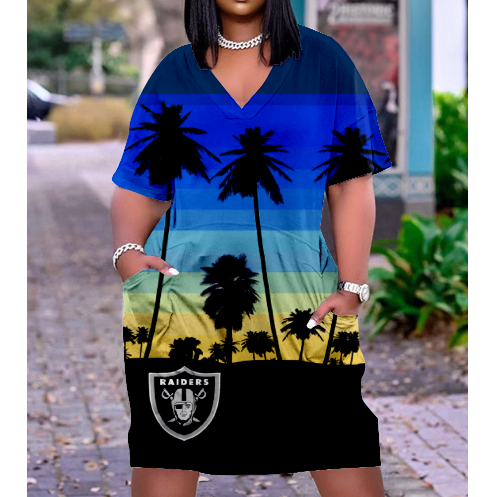 Las Vegas Raiders Print V-Neck Dress Short Sleeve