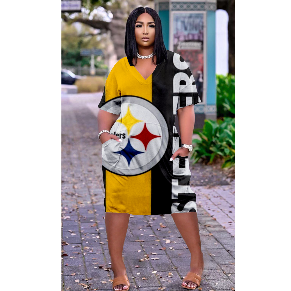 Pittsburgh Steelers V-Neck Jacket Short-Sleeved Bat-Sleeved Dress