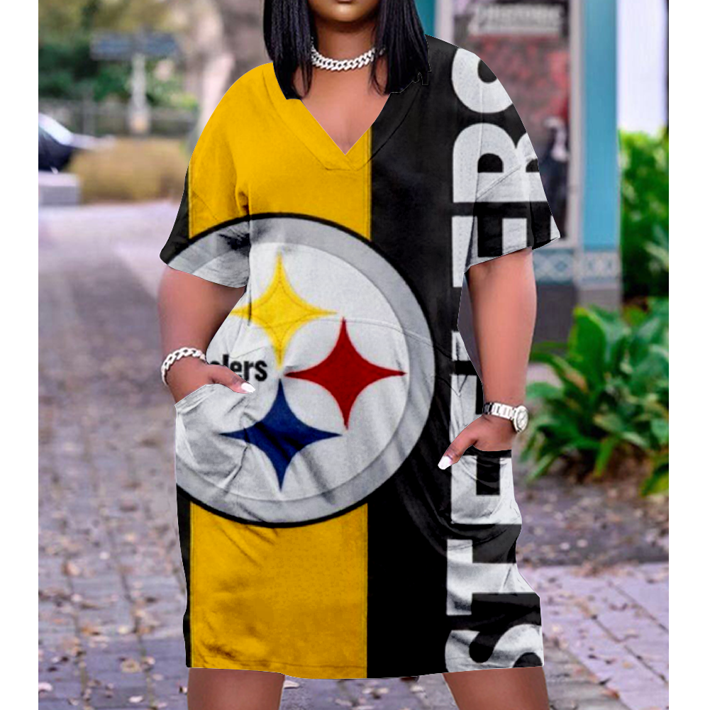 Pittsburgh Steelers V-Neck Jacket Short-Sleeved Bat-Sleeved Dress