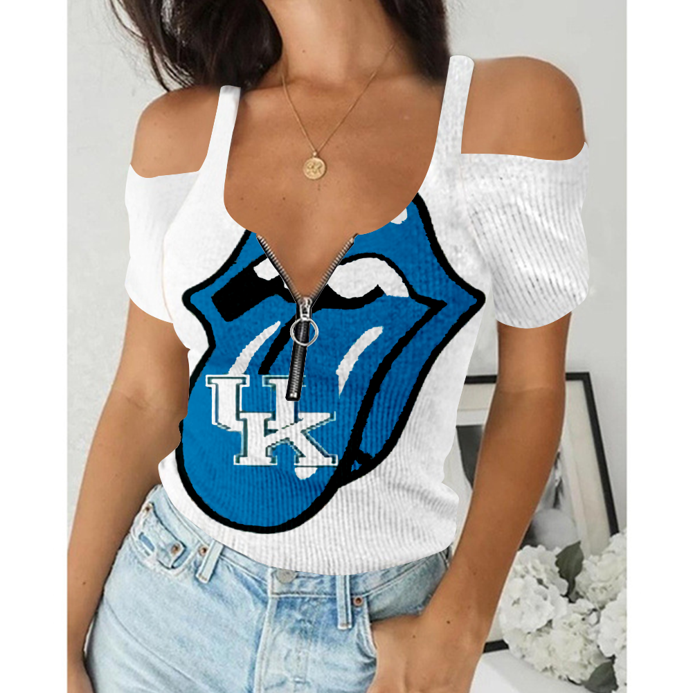 Women's Summer Kentucky Wildcats Team Print Off-Shoulder V-Neck Zipper Slim T-Shirt