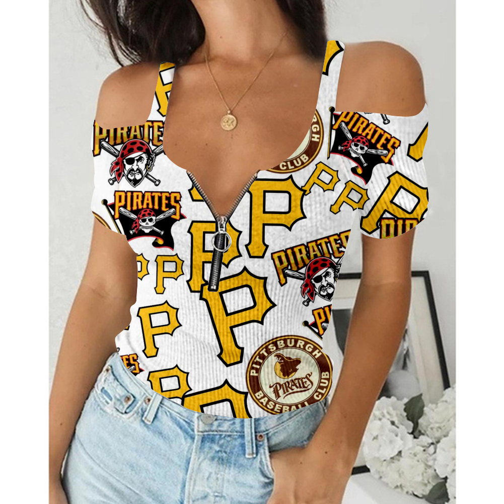 Women's Summer Pittsburgh Pirates Team Print Off-Shoulder V-Neck Zipper Slim T-Shirt