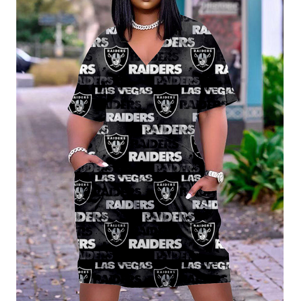 Las Vegas Raiders Print V-Neck Dress Short Sleeve