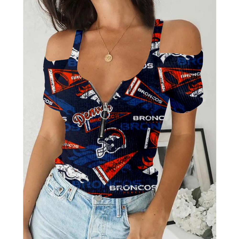 Women's Summer Denver Broncos Team Print Off-Shoulder V-Neck Zipper Slim T-Shirt