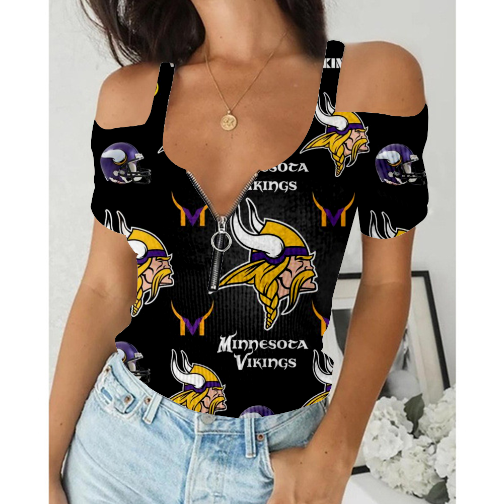 Women's Summer Minnesota Vikings Team Print Off-Shoulder V-Neck Zipper Slim T-Shirt