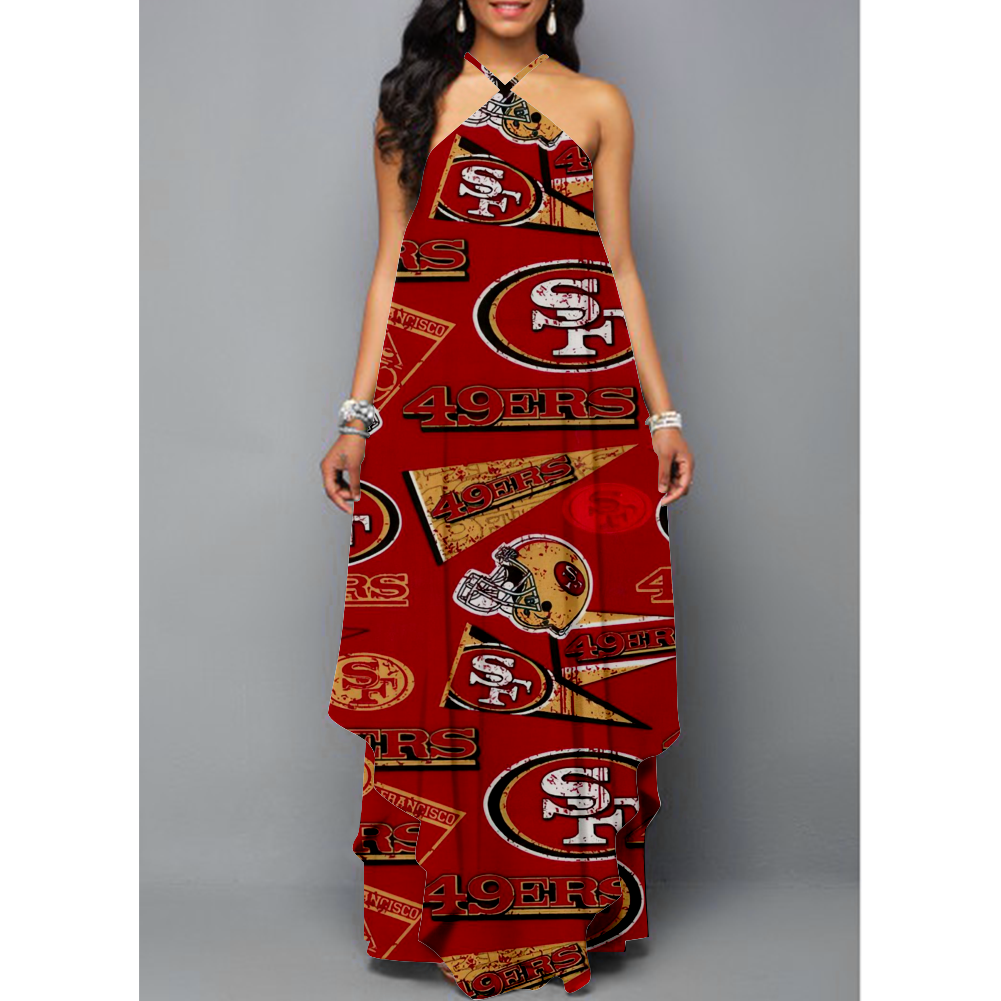 Women's Summer SAN FRANCISCO 49ERS Fans Printed Sleeveless Sling Irregular Hem Loose Long A-line Dress