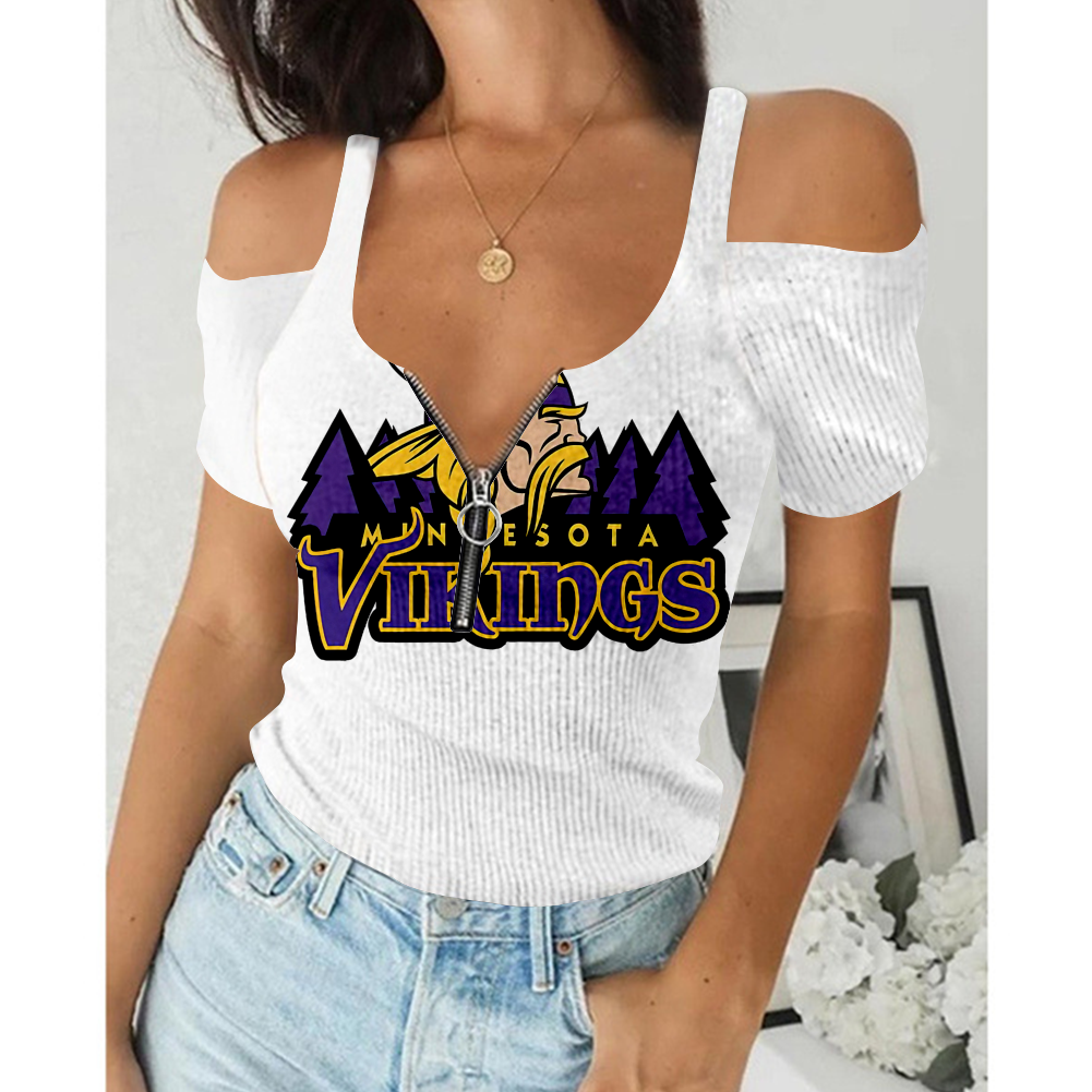 Women's Summer Minnesota Vikings Team Print Off-Shoulder V-Neck Zipper Slim T-Shirt