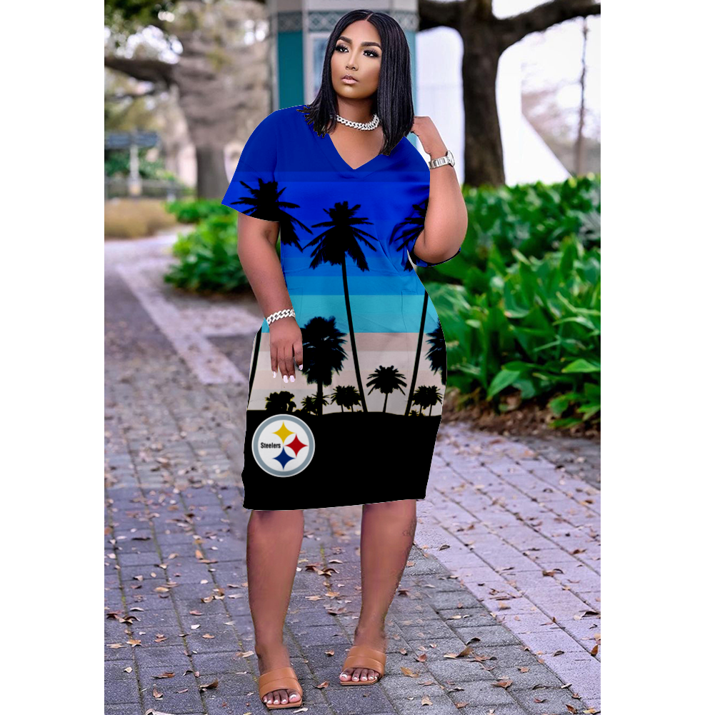 Pittsburgh Steelers Print V-Neck Dress Short Sleeve