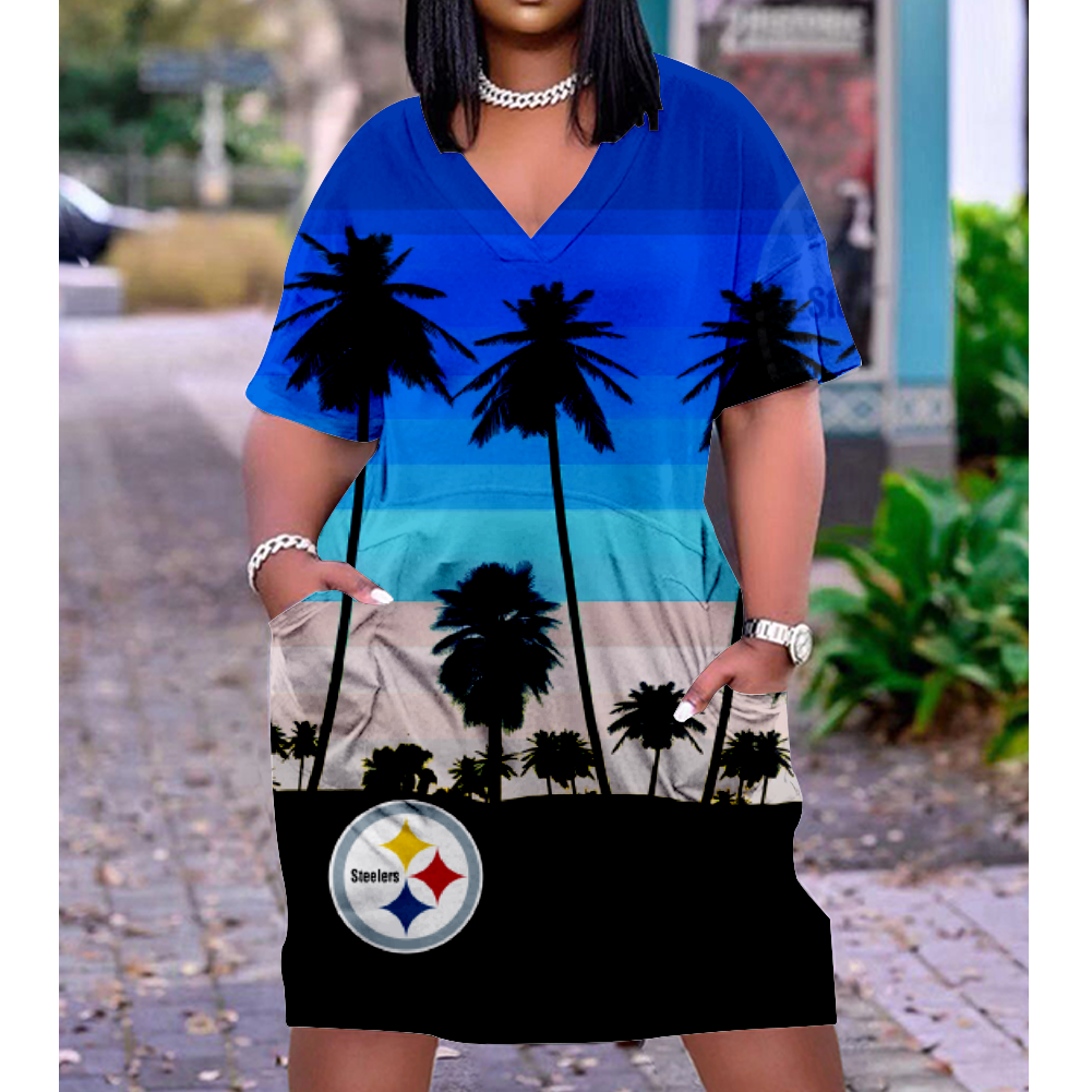 Pittsburgh Steelers Print V-Neck Dress Short Sleeve