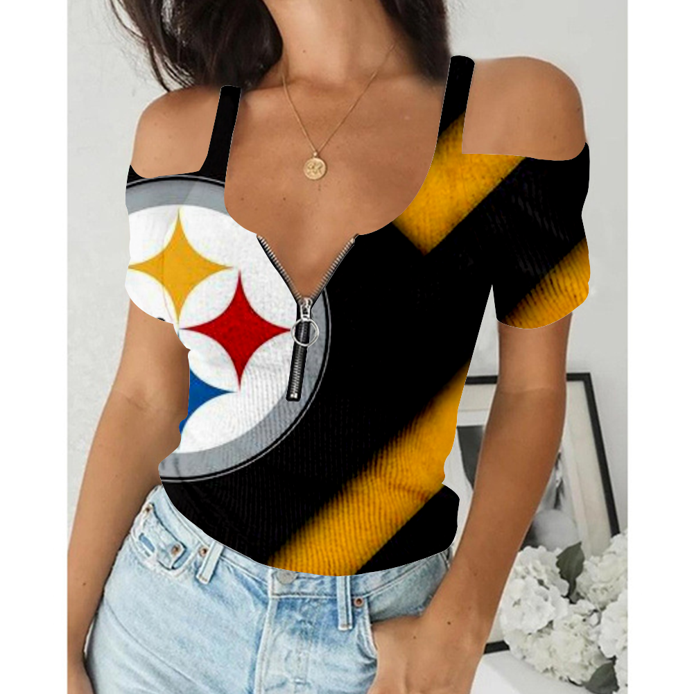 Women's Summer Pittsburgh Steelers Team Print Off-Shoulder V-Neck Zipper Slim T-Shirt