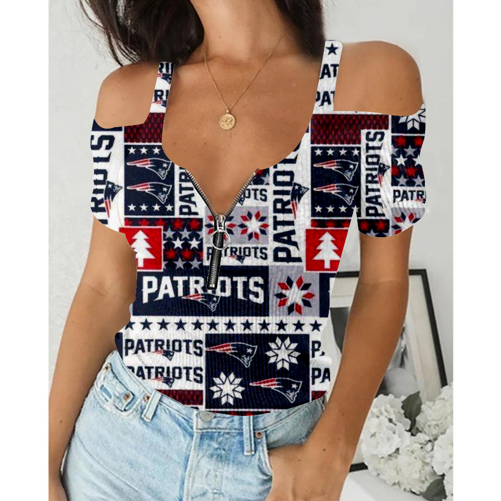 Women's Summer New England Patriots Team Print Off-Shoulder V-Neck Zipper Slim T-Shirt