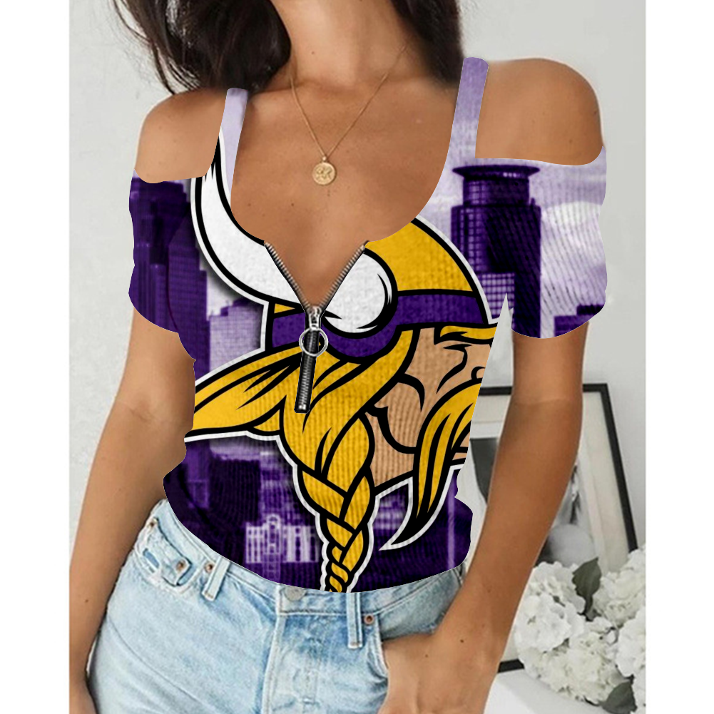 Women's Summer Minnesota Vikings Team Print Off-Shoulder V-Neck Zipper Slim T-Shirt