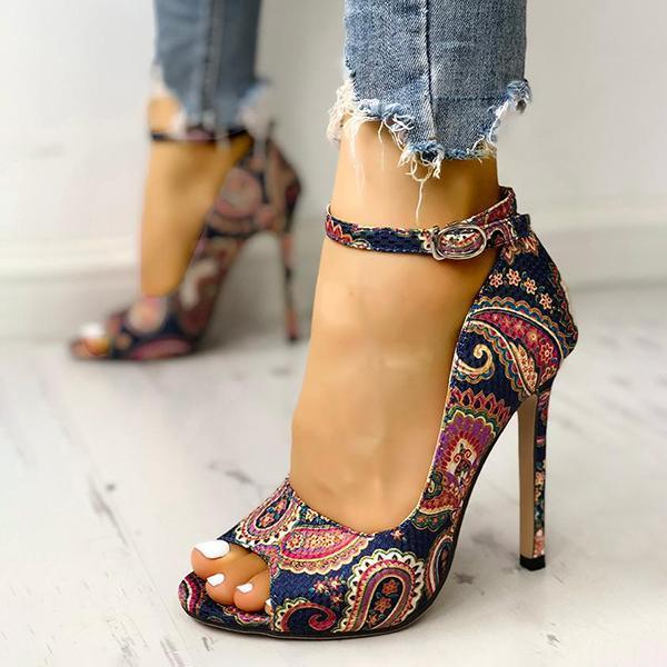 Ethnic Print Peep Toe Ankle Strap Thin Heeled Sandals