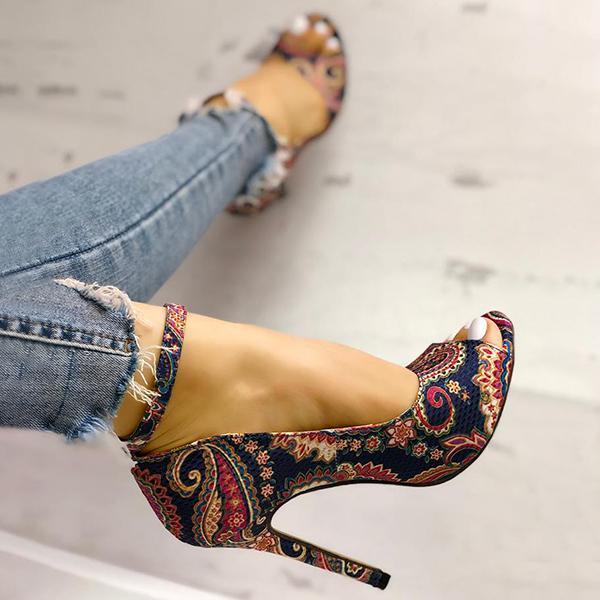 Ethnic Print Peep Toe Ankle Strap Thin Heeled Sandals