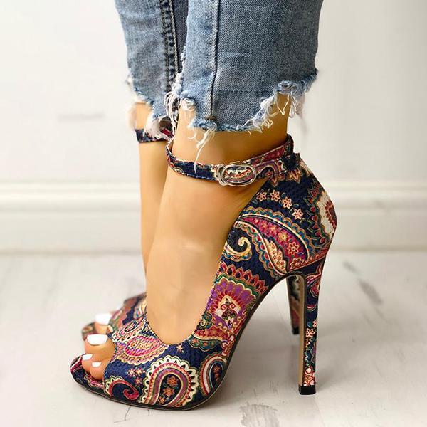 Ethnic Print Peep Toe Ankle Strap Thin Heeled Sandals