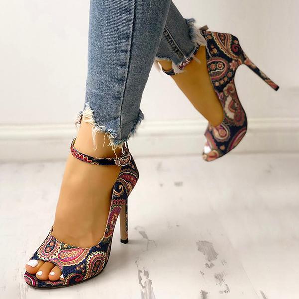 Ethnic Print Peep Toe Ankle Strap Thin Heeled Sandals