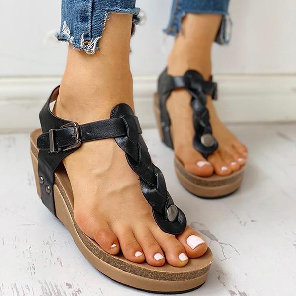 Rivet Design Toe Post Wedge Sandals