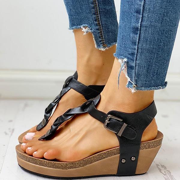 Rivet Design Toe Post Wedge Sandals