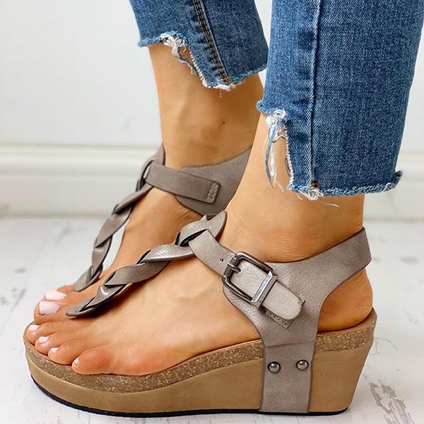 Rivet Design Toe Post Wedge Sandals