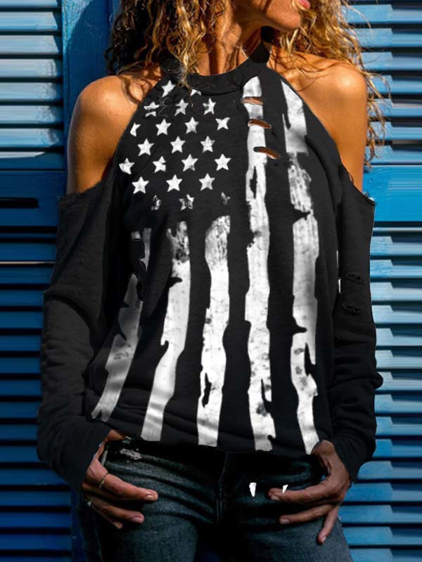 Women's American Flag Print Cold Shoulder T-shirt