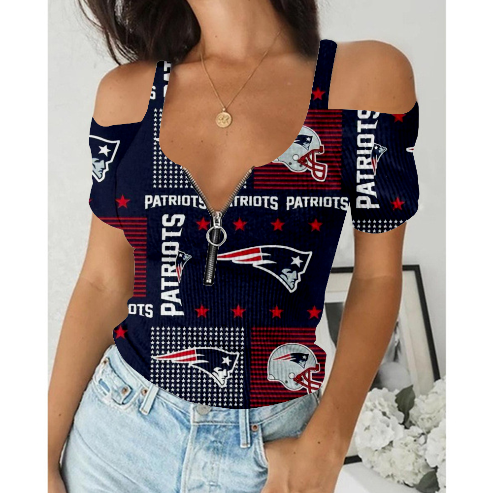 Women's Summer New England Patriots Team Print Off-Shoulder V-Neck Zipper Slim T-Shirt