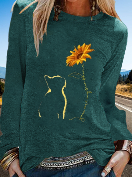 Cats & Sunflower Print Long Sleeve Shirts & Tops