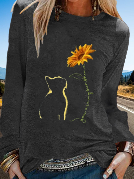 Cats & Sunflower Print Long Sleeve Shirts & Tops