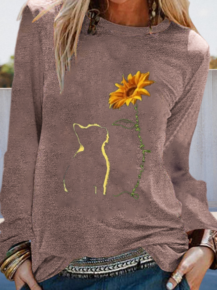 Cats & Sunflower Print Long Sleeve Shirts & Tops