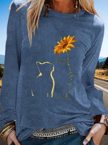 Cats & Sunflower Print Long Sleeve Shirts & Tops