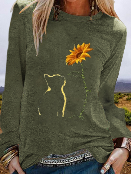 Cats & Sunflower Print Long Sleeve Shirts & Tops