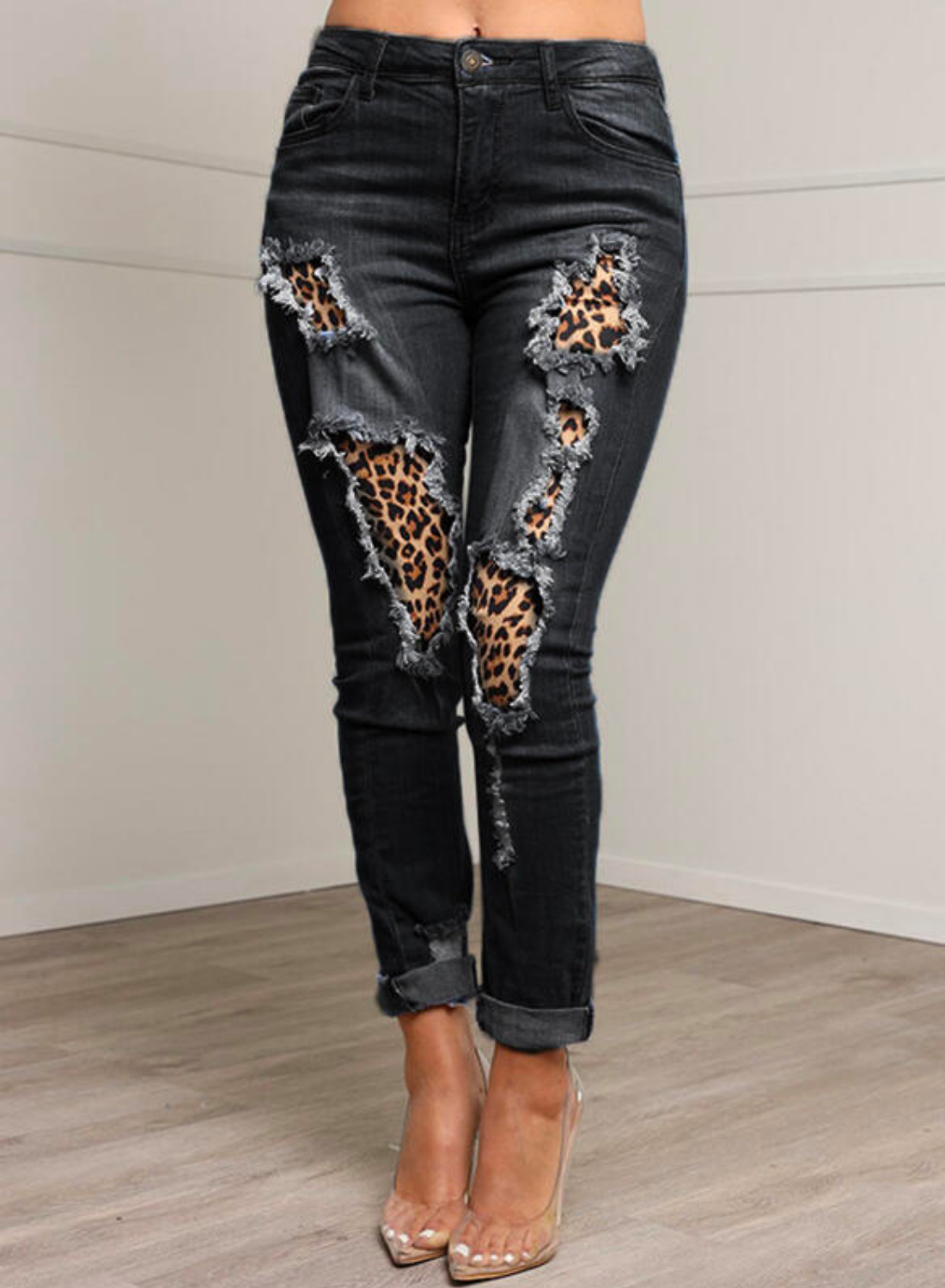 Patchwork Pockets Plus Size Leopard Long Denim Denim & Jeans