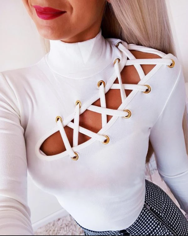 Eyelet Lace-up Long Sleeve Top