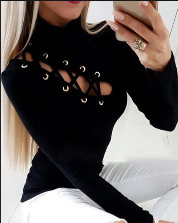 Eyelet Lace-up Long Sleeve Top