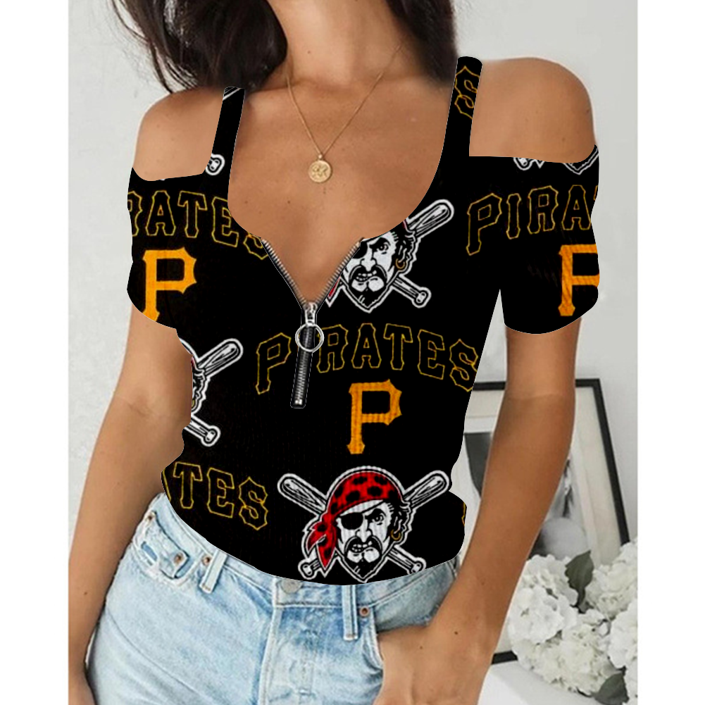 Women's Summer Pittsburgh Pirates Team Print Off-Shoulder V-Neck Zipper Slim T-Shirt